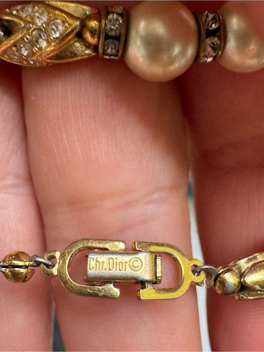 Christian Dior Vintage Signed Bracelet Gold Tone Faux Pearl Rhinestone - Picture 2 of 7